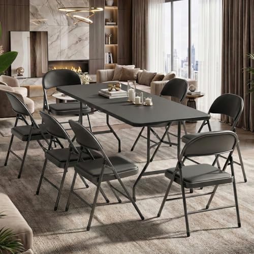 6FT Black Plastic Folding Table Set with 6 Black PU Padded Chairs, alternate view 2