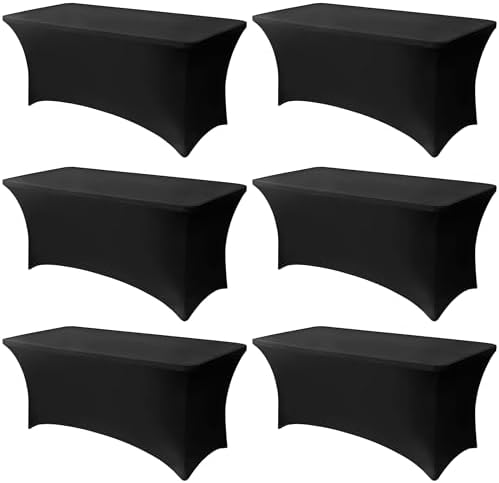 6FT Black Table Cloth - 6 Pack Fitted Stretch Rectangle Spandex Tablecloth, Washable Table Cover for Party