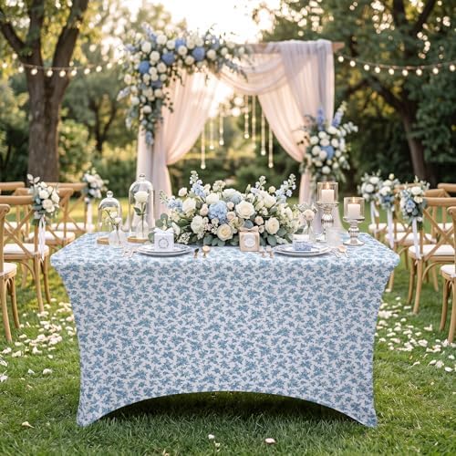 6ft Blue Floral Stretch Banquet Table Covers, 2 Pack, 72'' x 30''