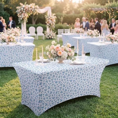 6ft Blue Floral Stretch Banquet Table Covers, 2 Pack, 72'' x 30'', alternate view 4