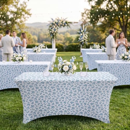 6ft Blue Floral Stretch Banquet Table Covers, 2 Pack, 72'' x 30'', alternate view 5