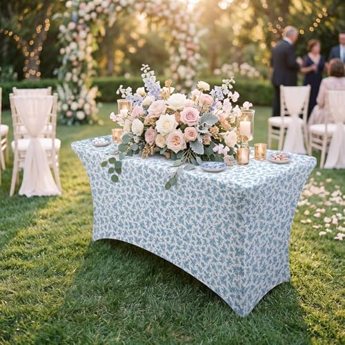 6ft Blue Floral Stretch Banquet Table Covers, 2 Pack, 72'' x 30'', alternate view 6