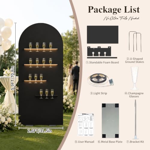 6FT Champagne Wall Holder with LED Light, Party Birthday Event Décor, Black in Black, alternate view 5
