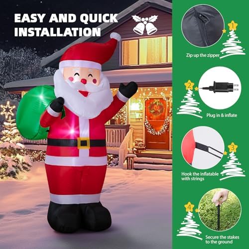 6FT Christmas Inflatable Santa Outdoor Decoration, Blow up Santa Claus Carrying Gift Sack Yard Decoration, Large, alternate