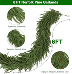 6FT Christmas Norfolk Pine Garland, Realistic Green Artificial Pine Garland, Unlit Christmas Greenery for Indoor, alternate