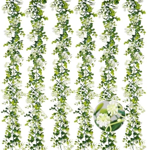 6FT Eucalyptus Garland with Flowers, 6 Pack Artificial Greenery Garland Hanging Summer Eucalyptus Garland