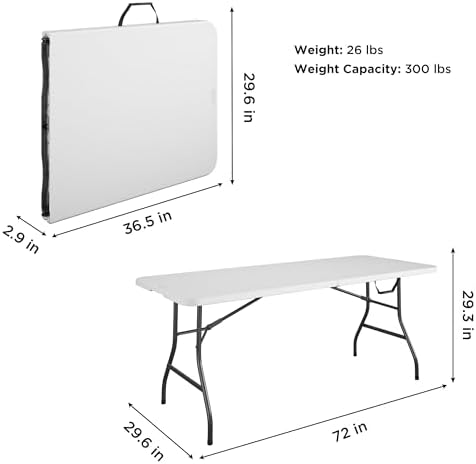 6ft Fold-in-Half Blow Molded Folding Table, Indoor/Outdoor, Comfort Handle, Lightweight Plastic Construction, alternate view