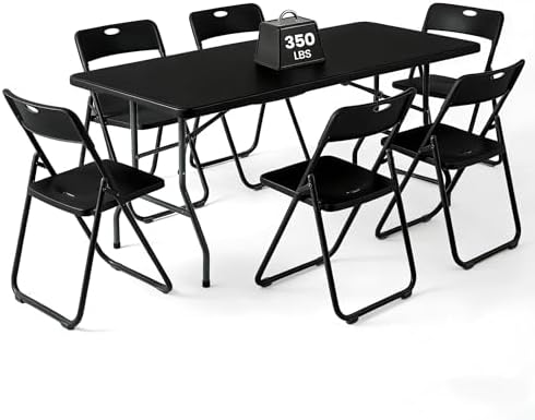 6FT Foldable Table Set with 6 Pack Plastic Folding Chairs, Heavy Duty 350 lbs Folding Table & Folding Chairs