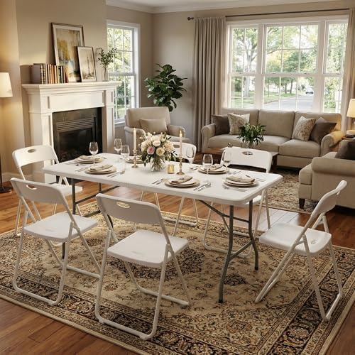 6FT Foldable Table Set with 6 Pack Plastic Folding Chairs, Heavy Duty 350 lbs Folding Table & Folding Chairs, alternate view