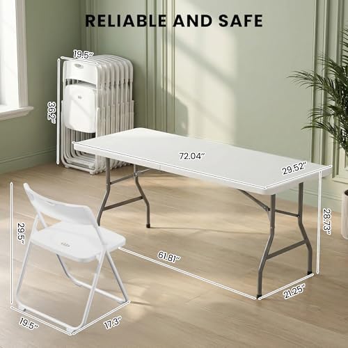 6FT Foldable Table Set with 6 Pack Plastic Folding Chairs, Heavy Duty 350 lbs Folding Table & Folding Chairs, alternate view