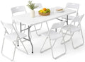 6FT Foldable Table Set with 6 Pack Plastic White Folding Chairs, Heavy Duty 350 lbs Folding Table & Folding