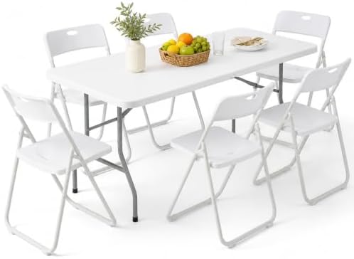6FT Foldable Table Set with 6 Pack Plastic White Folding Chairs, Heavy Duty 350 lbs Folding Table & Folding