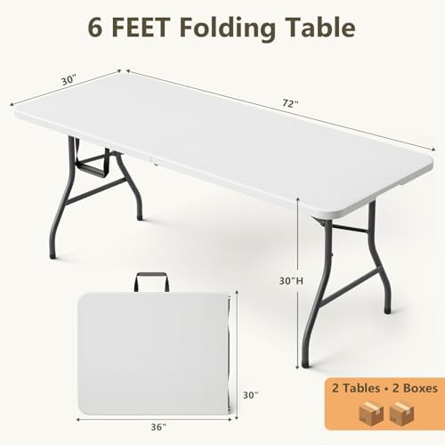 6FT Folding Table 2 Pack, Heavy Duty Fold in Half Plastic Tables with Carry Handle, Portable Indoor Outdoor, alternate view 3