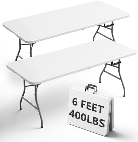 6FT Folding Table 2 Pack, Heavy Duty Plastic Table with Handel, 400 lbs Portable Table, Reinforced Steel Legs
