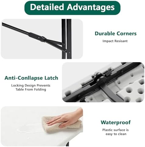 6FT Folding Table 2 Pack, Heavy Duty Plastic Table with Handel, 400 lbs Portable Table, Reinforced Steel Legs, alternate view