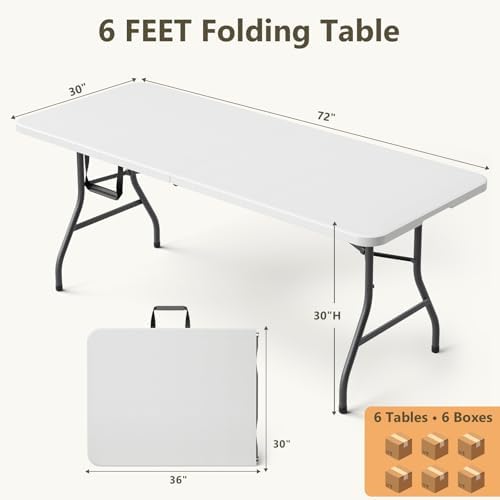 6FT Folding Table 6 Pack, Heavy Duty Fold in Half Plastic Tables with Carry Handle, Portable Indoor Outdoor, alternate view 3