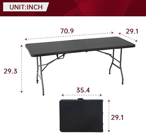 6FT Folding Table | Black | Portable Plastic Table, alternate view 3