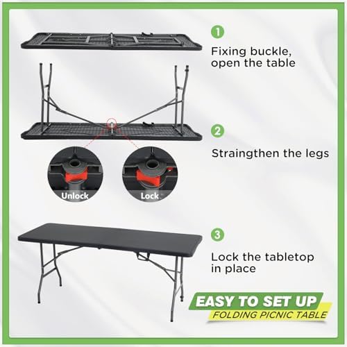 6FT Folding Table | Black | Portable Plastic Table, alternate view 4