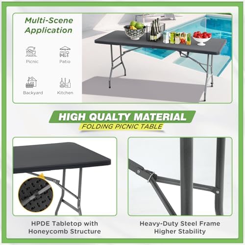 6FT Folding Table | Black | Portable Plastic Table, alternate view 5