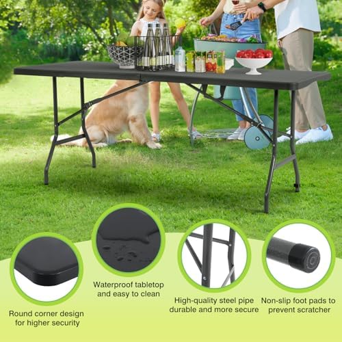 6FT Folding Table | Black | Portable Plastic Table, alternate view 6
