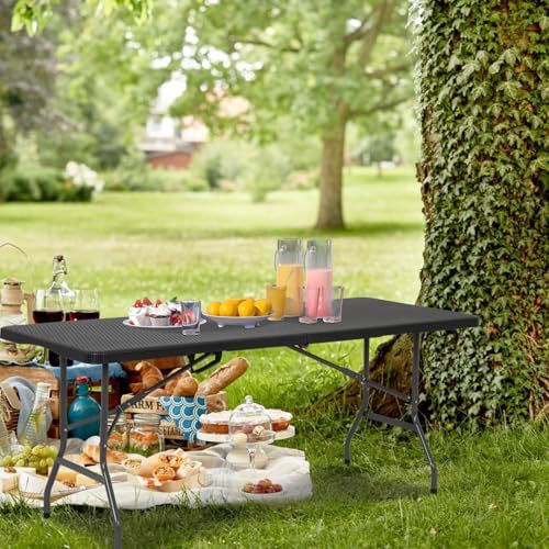 6FT Folding Table | Black Ratten | Portable Plastic Table, alternate view 2