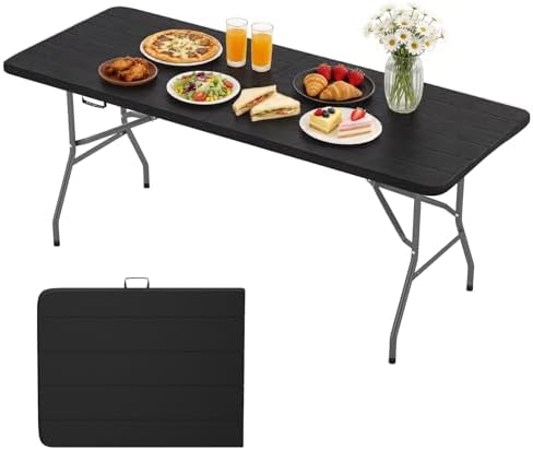 6FT Folding Table | Black Wood Grain | Portable Plastic Table