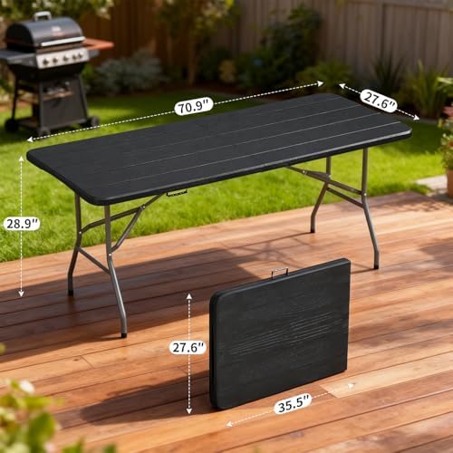 6FT Folding Table | Black Wood Grain | Portable Plastic Table, alternate view 3