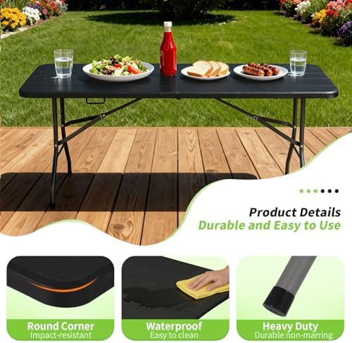 6FT Folding Table | Black Wood Grain | Portable Plastic Table, alternate view 4