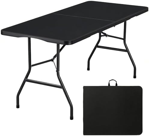 6FT Folding Table, Fold in Half Heavy Duty Plastic Utility Table with Carrying Handle, Black | HDPE Top for