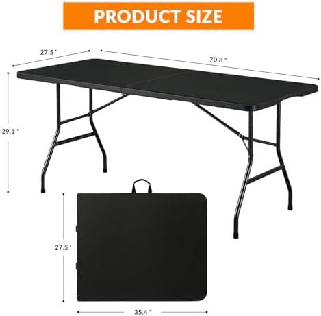 6FT Folding Table, Fold in Half Heavy Duty Plastic Utility Table with Carrying Handle, Black | HDPE Top for, alternate view 3