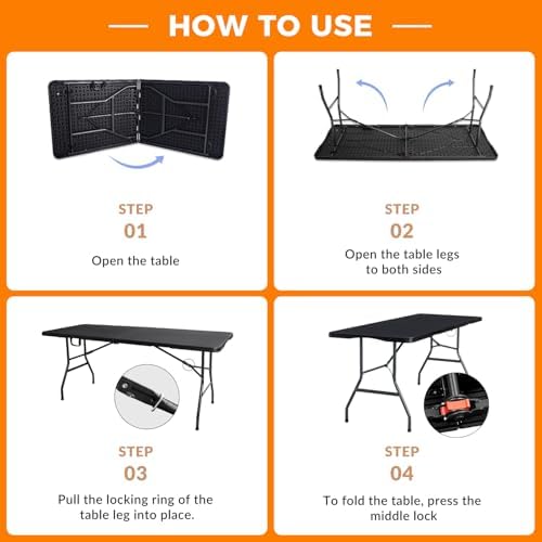 6FT Folding Table, Fold in Half Heavy Duty Plastic Utility Table with Carrying Handle, Black | HDPE Top for, alternate view 5