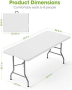 6ft Folding Table, Foldable Dining Indoor Outdoor White, alternate view 2