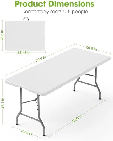 6ft Folding Table, Foldable Dining Indoor Outdoor White, alternate view 2