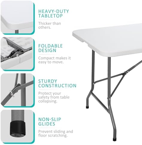 6FT Folding Table for Indoor Outdoor, Portable Heavy Duty Fold-in-Half Plastic Dining Picnic Party Camping Table, alternate