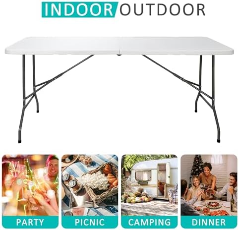 6FT Folding Table for Indoor Outdoor, Portable Heavy Duty Fold-in-Half Plastic Dining Picnic Party Camping Table, alternate
