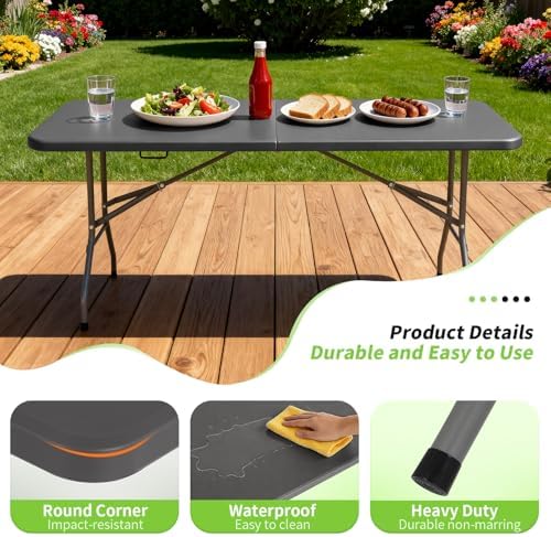 6FT Folding Table | Grey | Portable Plastic Table, alternate view 5