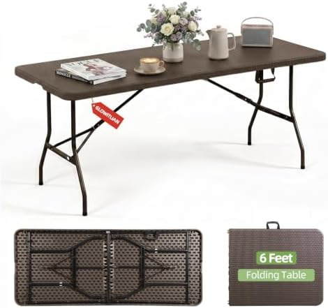 6FT Folding Table Portable Picnic Table Heavy-Duty Fold-in-Half Utility 6 Foot Foldtable Table with Carry Handle