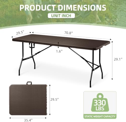 6FT Folding Table Portable Picnic Table Heavy-Duty Fold-in-Half Utility 6 Foot Foldtable Table with Carry Handle, alternate