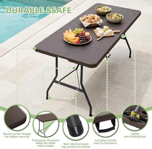 6FT Folding Table Portable Picnic Table Heavy-Duty Fold-in-Half Utility 6 Foot Foldtable Table with Carry Handle, alternate