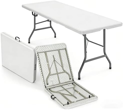 6FT Folding Table, Portable White HDPE Utility Table with Carry Handle