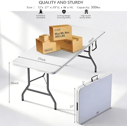 6FT Folding Table, Portable White HDPE Utility Table with Carry Handle, alternate view 2