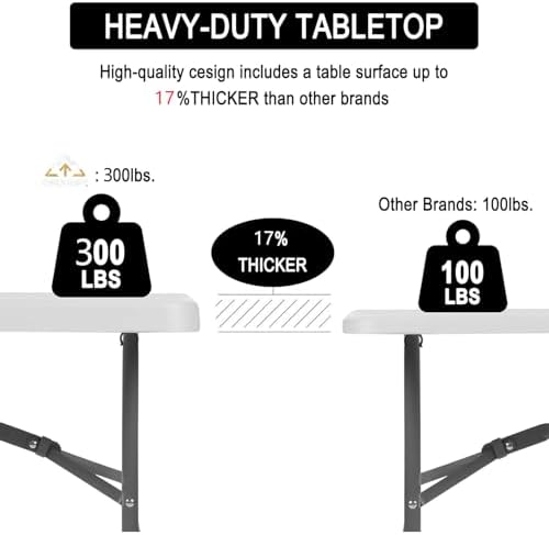 6FT Folding Table, Portable White HDPE Utility Table with Carry Handle, alternate view 3