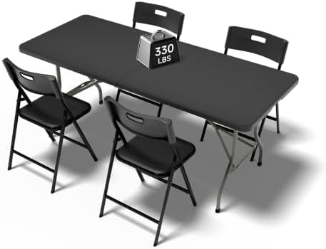 6FT Folding Table Set with 4 Chairs - Heavy-Duty 330 lb Black Table & 330 lb Black Chairs, Portable Foldable