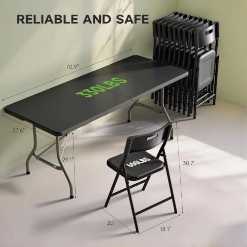 6FT Folding Table Set with 4 Chairs - Heavy-Duty 330 lb Black Table & 330 lb Black Chairs, Portable Foldable, alternate view
