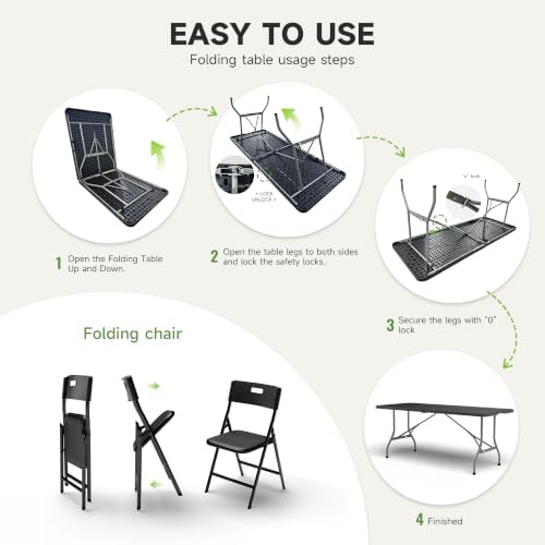 6FT Folding Table Set with 4 Chairs - Heavy-Duty 330 lb Black Table & 330 lb Black Chairs, Portable Foldable, alternate view
