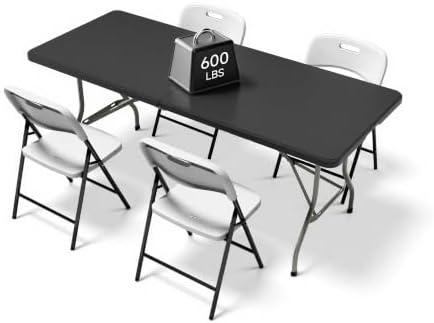 6FT Folding Table Set with 4 Chairs - Heavy-Duty 330 lb Black Table & 600 lb White Chairs, Portable Foldable