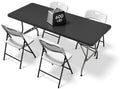 6FT Folding Table Set with 4 Chairs - Heavy-Duty 330 lb Black Table & 600 lb White Chairs, Portable Foldable