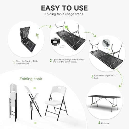 6FT Folding Table Set with 4 Chairs - Heavy-Duty 330 lb Black Table & 600 lb White Chairs, Portable Foldable, alternate view
