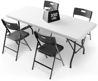 6FT Folding Table Set with 4 Chairs - Heavy-Duty 330 lb Table & 330 lb Chairs, Portable Foldable Furniture Set
