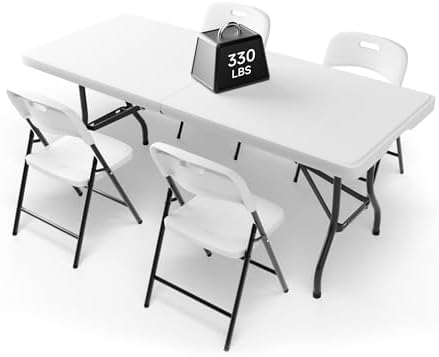 6FT Folding Table Set with 4 Chairs - Heavy-Duty 330 lb Table & 600 lb Chairs, Portable Foldable Furniture Set